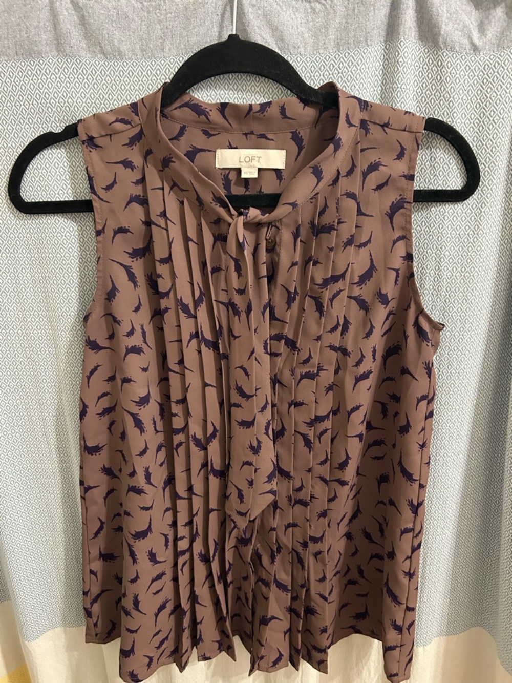 LOFT Mauve Blouse with Navy Feather Print and Neck Tie